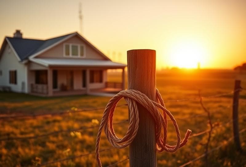 Modern Texas ranch home at sunset with a lasso on a fence, symbolizing the fight