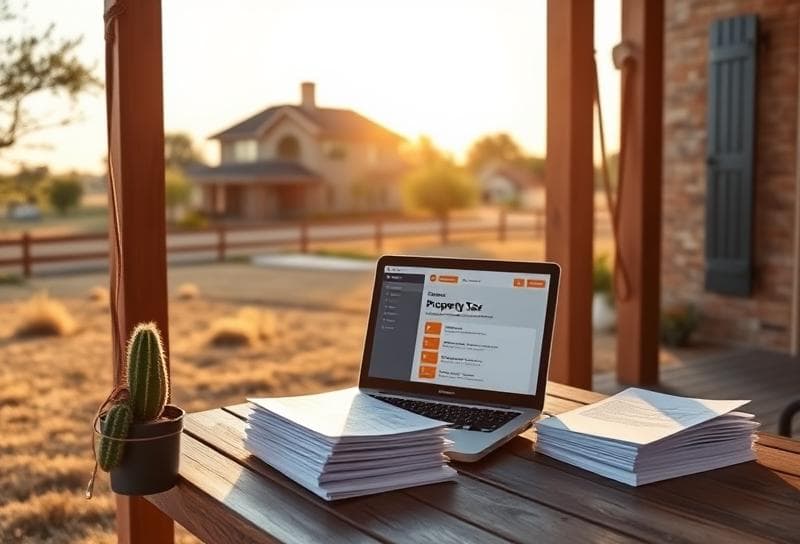 Sunlit Texas ranch with suburban home, desk with property tax portal, and lasso on post.