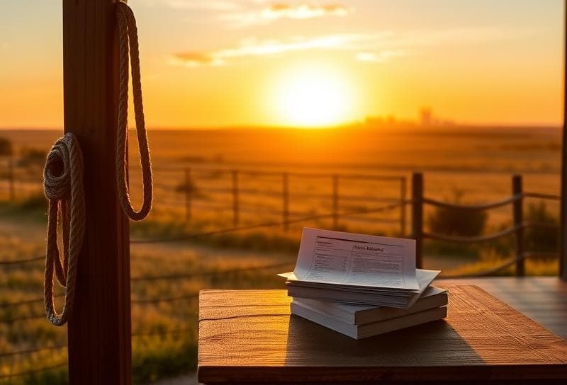 Texas ranch sunset with Houston suburban home, lasso on fence, and property tax documents on