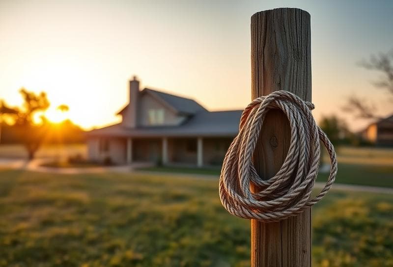 Texas ranch sunset with a Houston-style home, lasso on fence, and warm golden light symbolizing