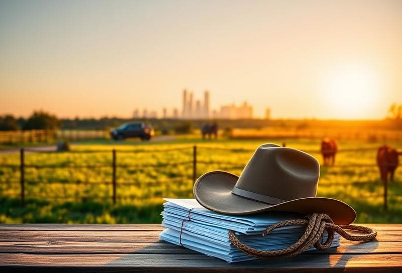 Texas ranch with Houston skyline, cowboy hat, lasso, and property tax documents for commercial property