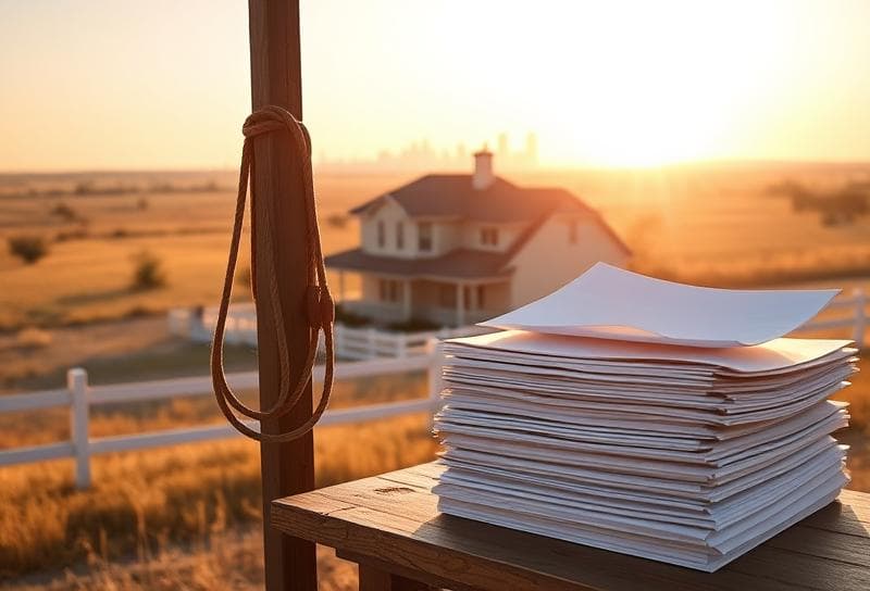 Houston suburban home with lasso and property tax documents near Texas plains and city skyline.