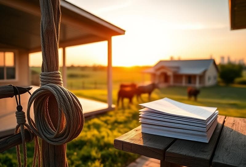 Texas ranch at sunset with grazing cattle, lasso on fence, and property tax documents on