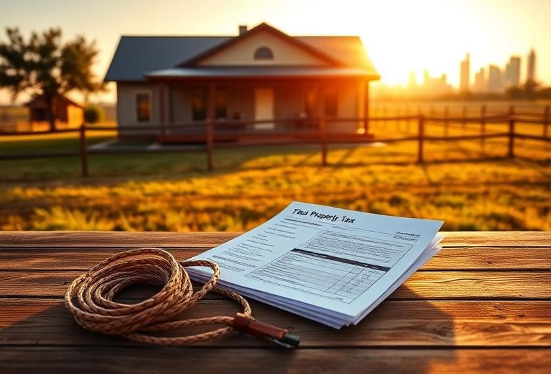 Modern Texas ranch home with property tax documents and lasso on rustic table, Houston skyline