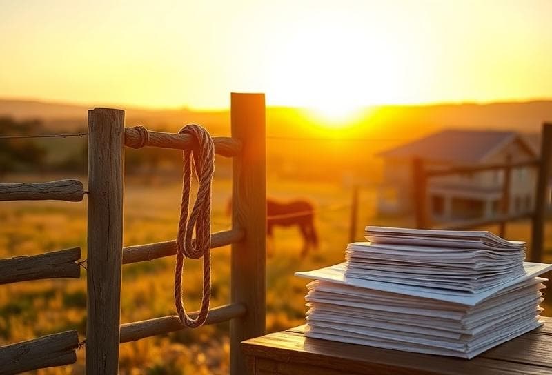 Sunlit Texas ranch with suburban home, lasso on fence, and property tax documents, symbolizing property tax solutions