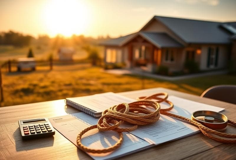 Texas ranch landscape with Houston suburban home, desk with tax documents, calculator, and lasso symbolizing