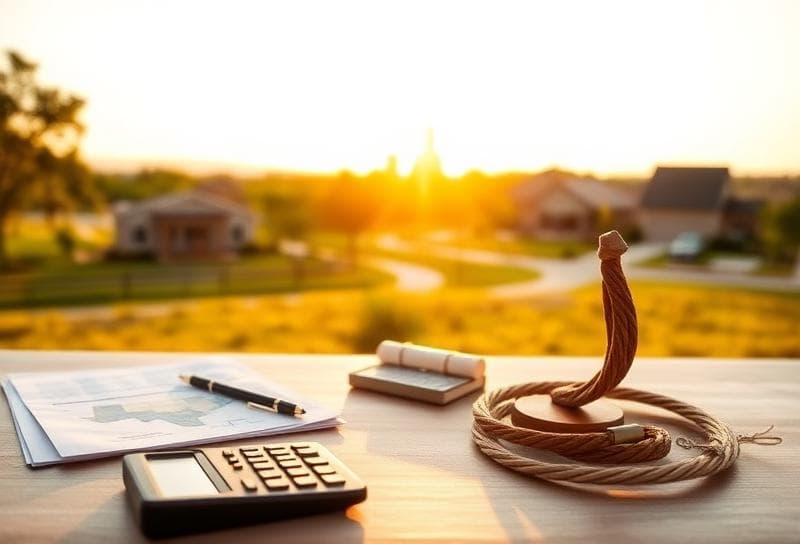 Sunlit Texas ranch with Houston suburbs, desk with tax documents and lasso paperweight, symbolizing expert