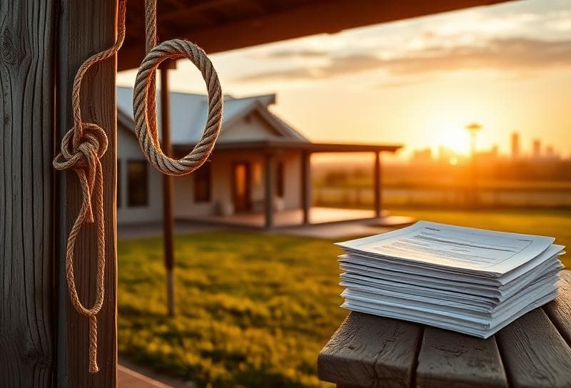 Serene Texas ranch at sunset with property tax documents, lasso, and Houston skyline in the