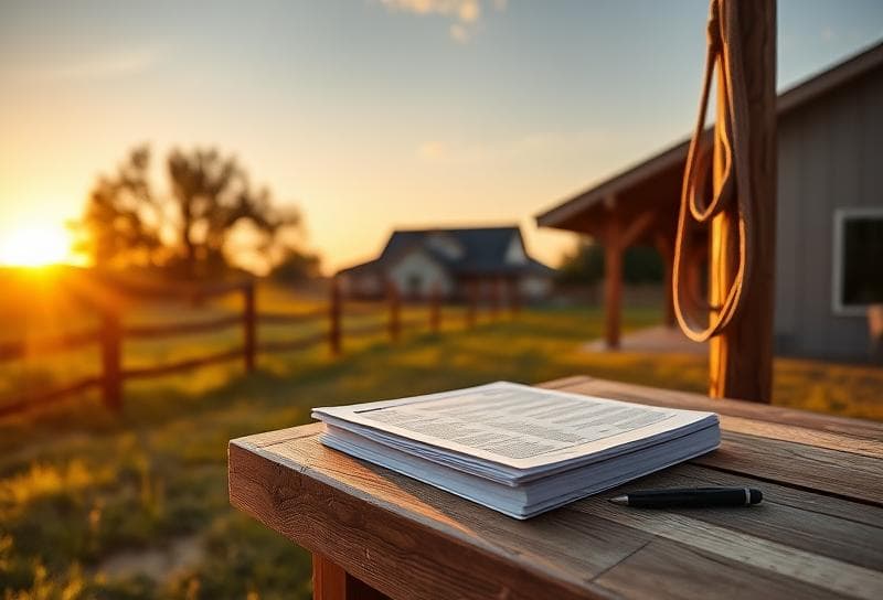 Texas ranch sunset with suburban home, lasso on fence, and property tax documents on rustic