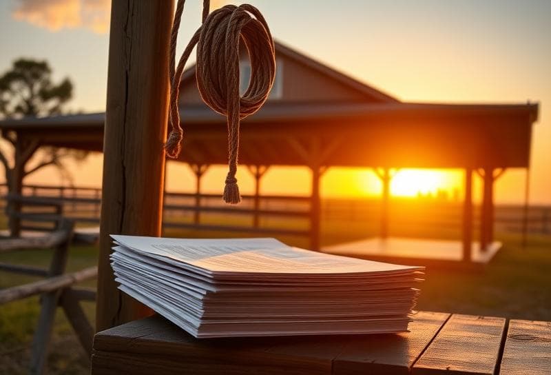 Texas ranch home at sunset with lasso on fence, Houston skyline, and property tax documents