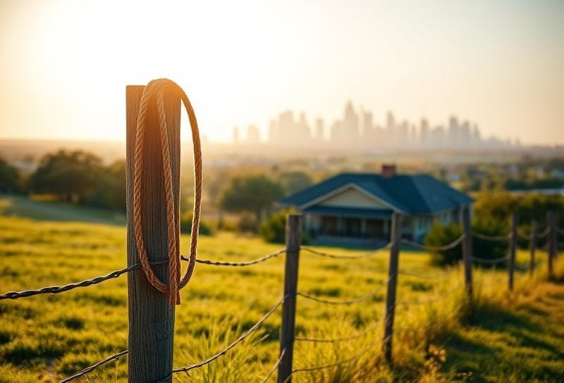 Texas ranch home with lasso on fence, blending rural charm and Houston skyline, symbolizing real
