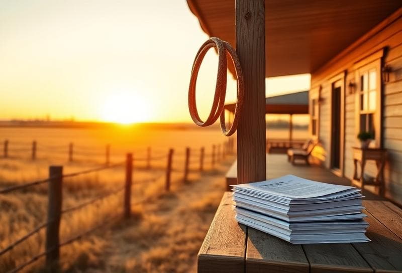 Texas ranch sunset with Houston skyline, lasso on fence, and property tax documents on porch