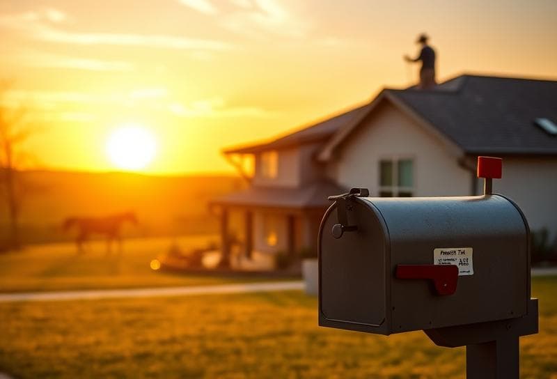 Texas ranch sunset with modern Houston home, cowboy guiding horse, and HCAD iFile protest mailbox