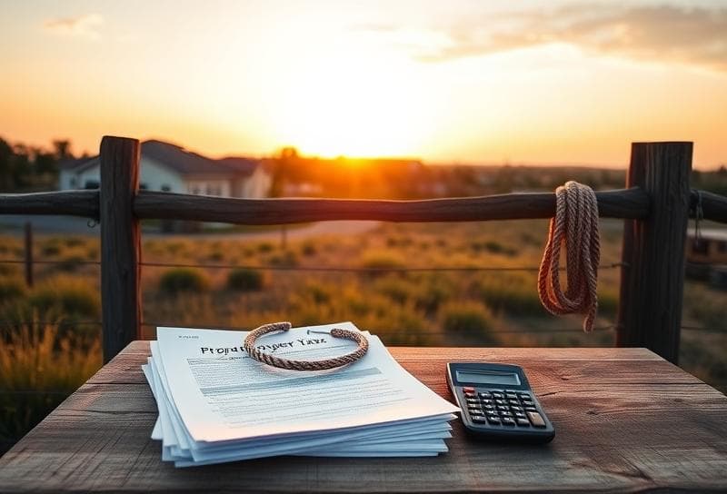 Sunset Texas ranch with property tax documents, calculator, and lasso, symbolizing lawyer for property tax