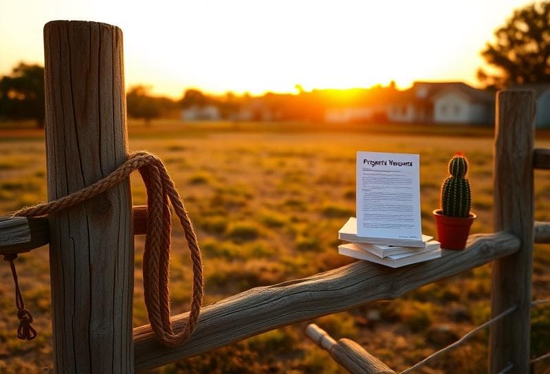 Sunset over a Texas ranch with Houston suburbs, lasso on a fence, and CAD appraisal