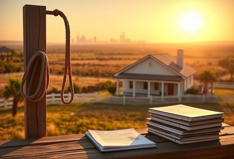 Houston suburban home with a lasso on a wooden post, golden-hour Texas ranch landscape, and