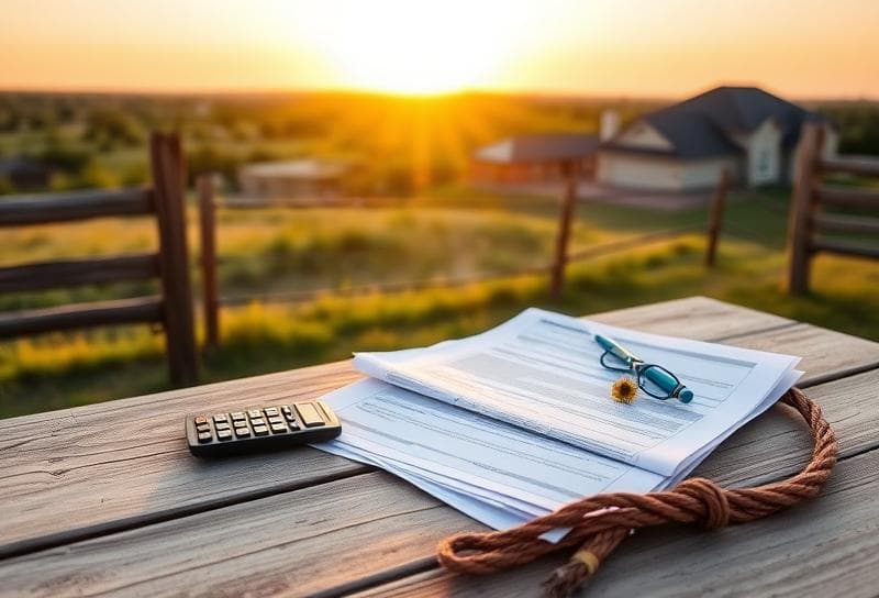 Sunlit Texas ranch with property tax documents, lasso, and Houston suburb in the distance