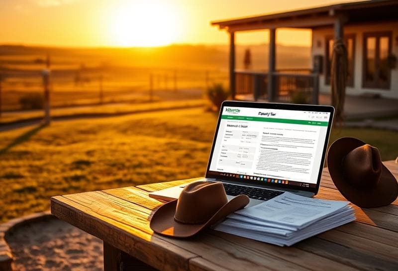 Modern ranch home with property tax documents, laptop, and cowboy hat on a Texas ranch