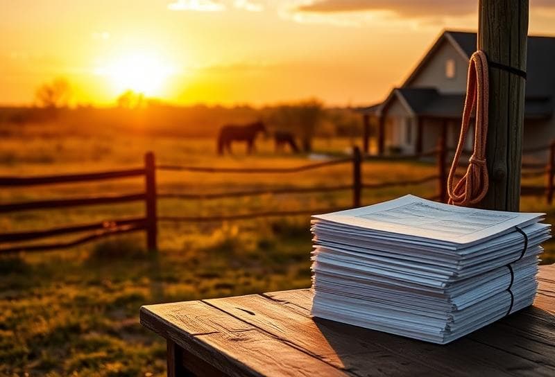 Texas ranch sunset with suburban home, lasso on fence, and property tax documents for Texas