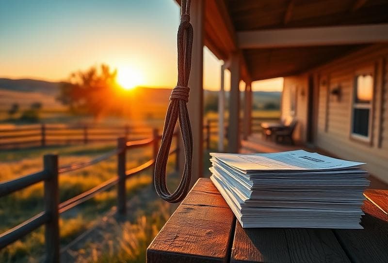 Texas ranch at sunset with lasso on fence, property tax documents on porch, symbolizing tax