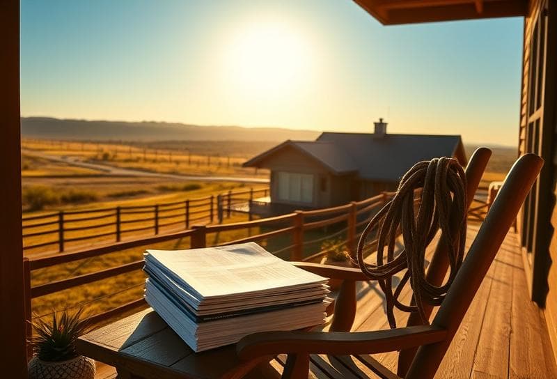Sunlit Texas ranch home with property tax documents and lasso, symbolizing Kingwood TX property tax