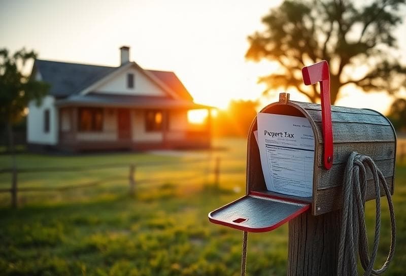 Sunlit Texas ranch with property tax documents and lasso, symbolizing proactive tax management.