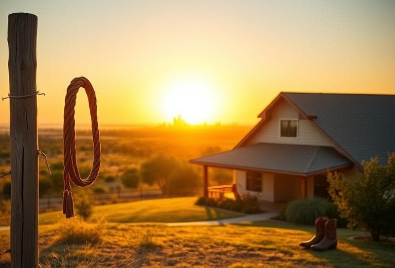 Modern Houston suburban home with a Texas ranch backdrop, lasso on fence, and cowboy boots