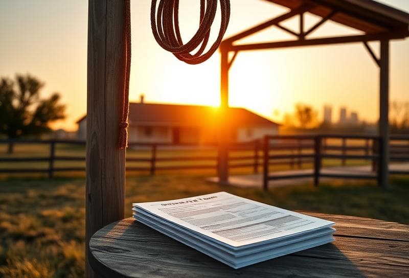 Texas ranch at sunset with property tax documents, lasso on fence, and Houston skyline