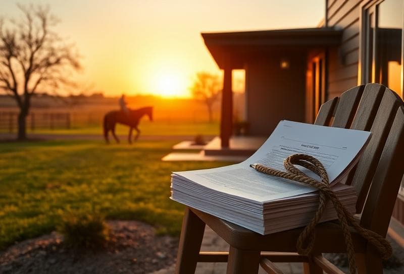 Texas ranch sunset with Houston-style home, property tax documents, and cowboy guiding a horse.