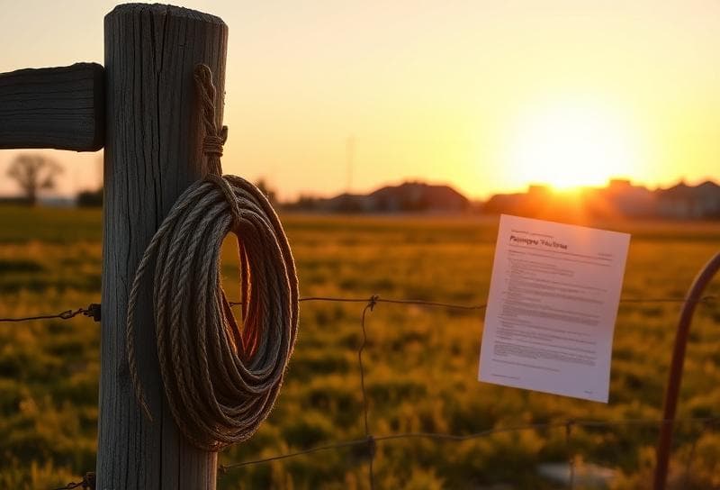 Sunset over a Texas ranch with a lasso on a wooden fence, property tax document,