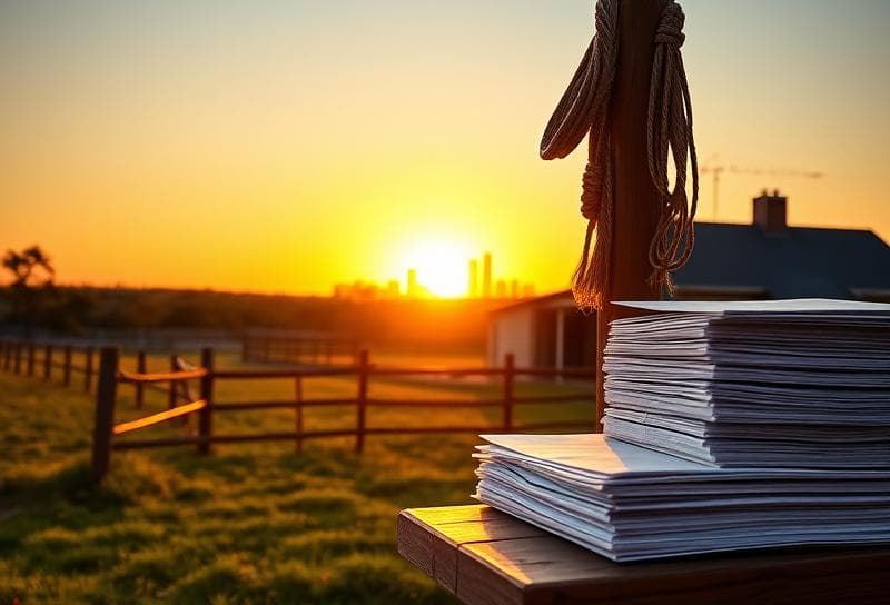 Sunset over a Texas ranch with a Houston-style home, lasso on fence, and property tax