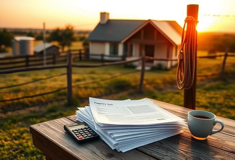 Texas ranch sunset with Houston-style home, lasso on fence, and property tax documents on rustic