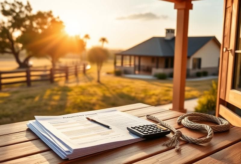 Sunlit Texas ranch with Houston suburban home, desk with tax documents, calculator, and lasso for