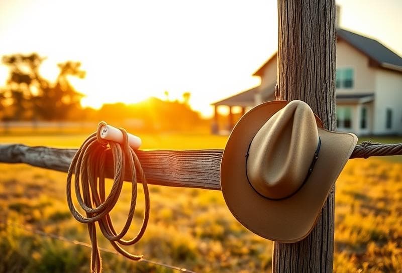 Sunlit Texas ranch with suburban home, lasso, and property tax document on wooden fence.