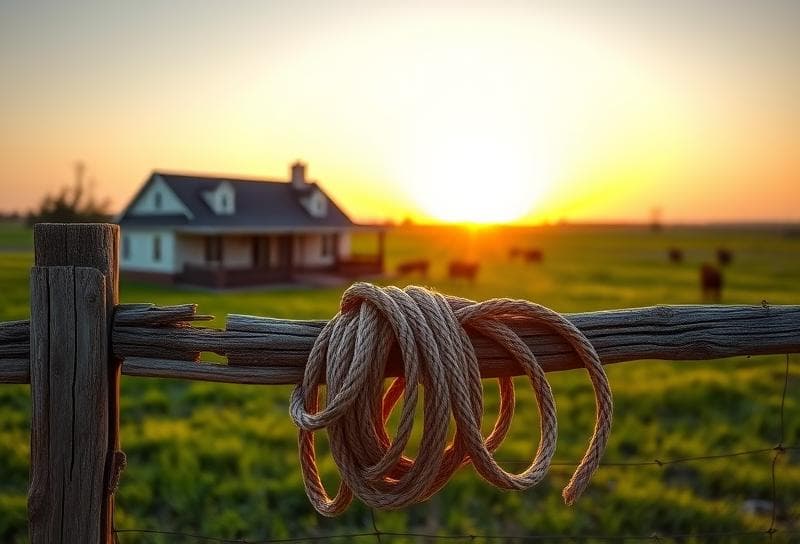 Texas ranch sunset with a ranch-style home, grazing cattle, and a lasso symbolizing property tax