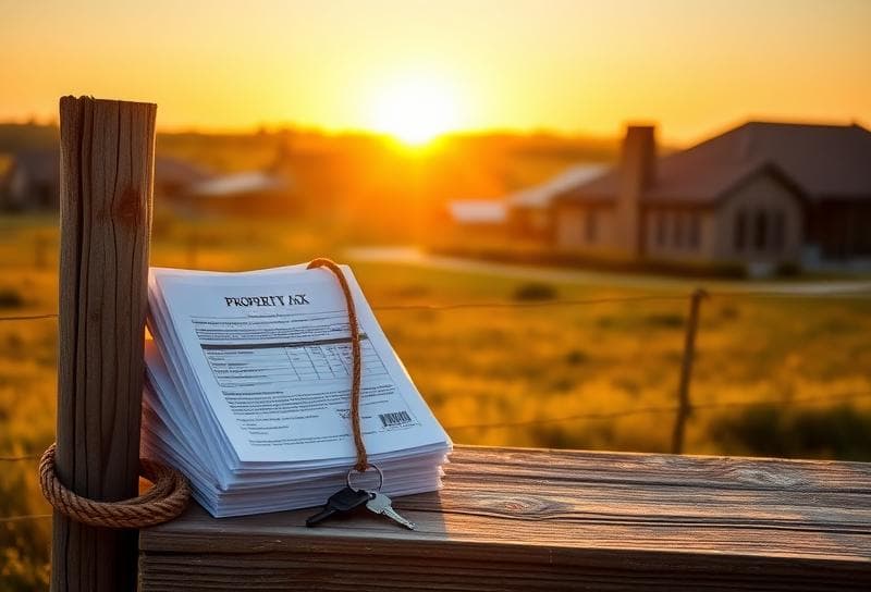 Sunset Texas ranch with property tax documents, house keys, and lasso on rustic fence, symbolizing