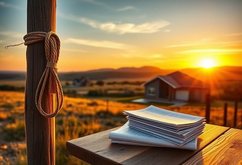 Texas ranch sunset with suburban home, lasso on fence, and property tax documents