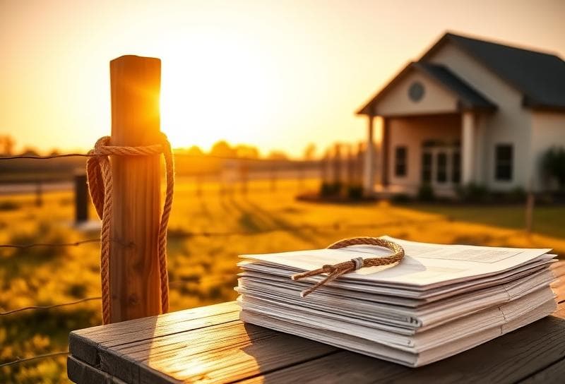 Texas ranch landscape with a suburban home, lasso on fence, and property tax documents