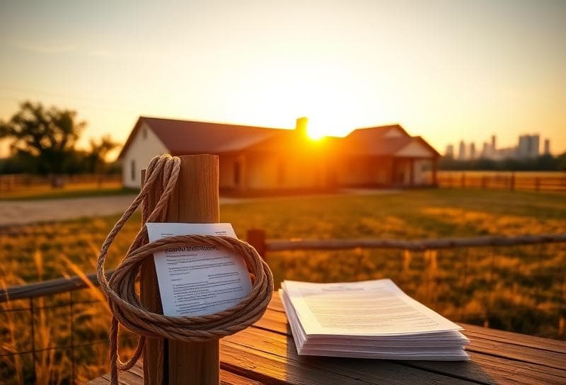 Texas ranch sunset with lasso, property tax documents, and Houston skyline, symbolizing property tax increase