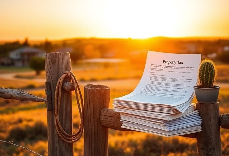 Sunlit Texas ranch with a lasso, property tax documents, and Houston suburbs in the background,