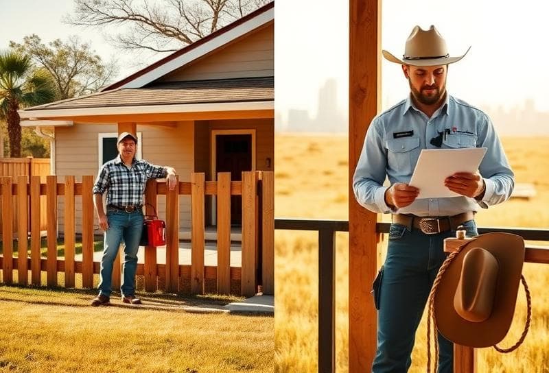 Homeowner with toolbox vs. contractor reviewing documents under Houston skyline, highlighting DIY vs. hiring