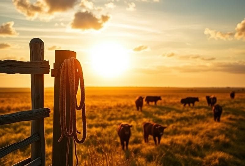 Sunlit Texas ranch with modern Houston home, lasso on fence, and grazing cattle under golden