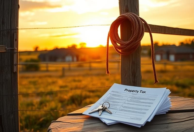 Texas ranch sunset with property tax documents, house keys, and lasso on a rustic wooden
