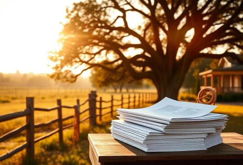 Sunlit Texas ranch with Houston suburban home, lasso on fence, and property tax documents under