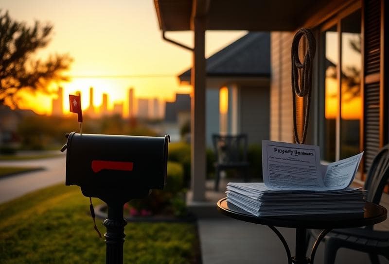 Houston suburban home with Texas flag, property tax documents, and lasso decor at sunset.