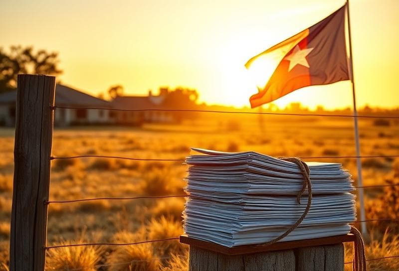 Sunlit Texas ranch with property tax documents lassoed, Houston suburb in background, Texas flag waving.