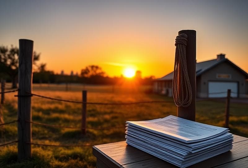 Texas ranch sunset with modern home, lasso on fence, and property documents, Houston skyline in