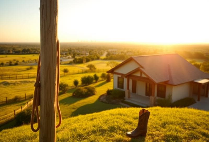 Modern Houston suburban home with western touches, lasso on fence, and Texas horizon, symbolizing homestead
