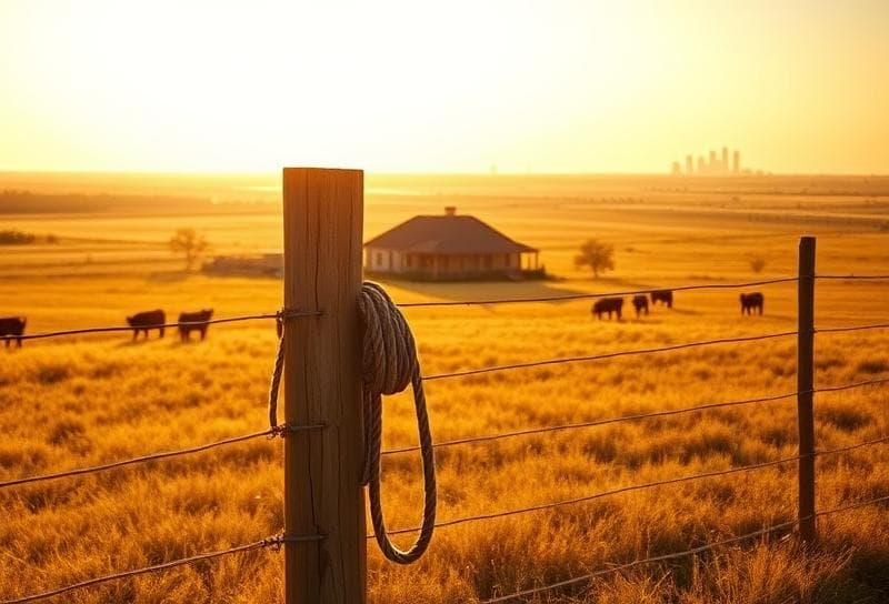 Texas ranch-style home with grazing cattle, wooden fence, and lasso under golden-hour light, Houston skyline