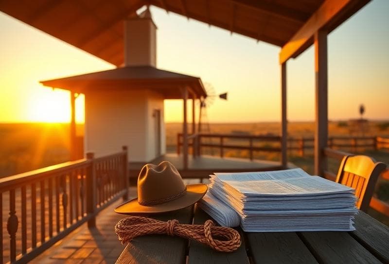 Texas ranch sunset with property tax documents, cowboy hat, and lasso on porch.